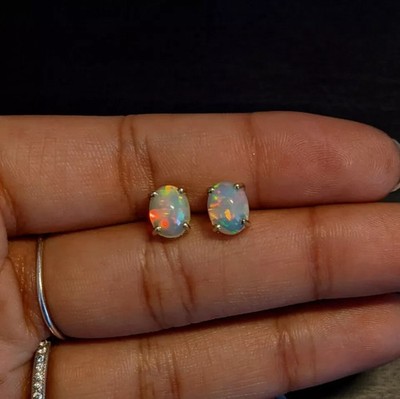 Natural Ethiopian Opal Oval Gemstone Cabs 925 Sterling Silver Tiny Stud Earring