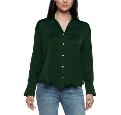 Express Women's Satin Button Down Shirt, Green  X-Large
