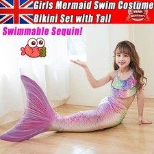 Girls Mermaid Tail Swimming Costume Swimmable Bikini Set Summer Swimsuit UK