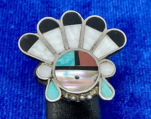 Vintage Zuni Sterling  Silver Multi Stone Sun Face Ring. Measures A Size 8 1/2.