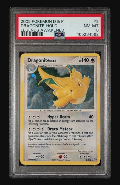 NEW CERT 2008 POKEMON DIAMOND & PEARL LEGENDS AWAKENED #2 DRAGONITE-HOLO PSA 8
