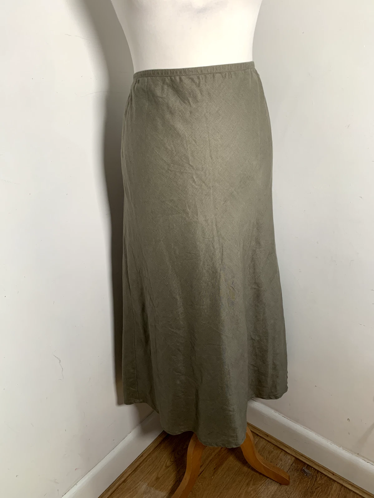 Wrap green linen midi skirt UK 12 VGC lined khaki slip modern classic modest