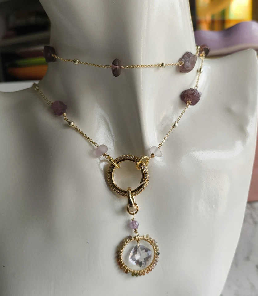 Natural Gem Pink Amethyst,  Spinel Necklace And Earrings, 14 k Gold Filled  - Image 3 of 4