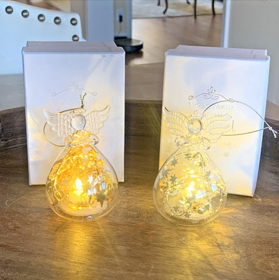 Two's Company Vintage Light Up Angel Glass Ornament Set of 2 Silver & Gold