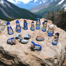 Vintage Nativity Scene Handmade Folk Art Pottery Set Of 14