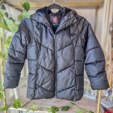 Swiss Tech Black Puffer Jacket/Coat w/ Hood Faux Fur Lining, Kids Medium 7/8