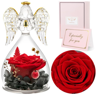 Ewige Rose Engel Figur aus Glas mit Glaskuppel, Geschenk für Frauen 7x7x13 cm
