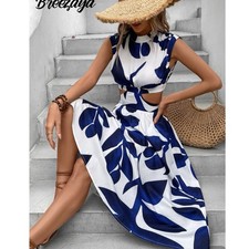 Shein Breezaya Midi Dress Tropical Leaf Print Cutout Waist Blue White Size M