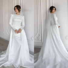 Muslim Elegant Wedding Dresses Mermaid Long Sleeves Satin Vintage Bridal Gowns