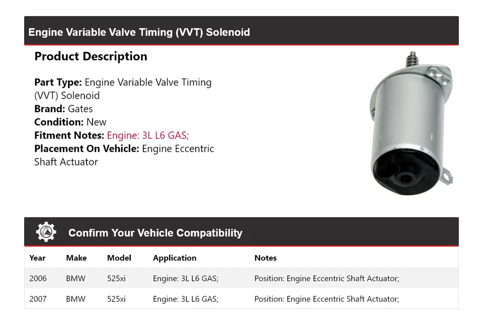 Puertas solenoides de distribución de válvula variable (VVT) para motor BMW 525xi 2006-2007 Foto 2 de 4