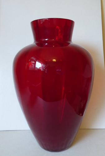 VINTAGE EXTRA LARGE EMPOLI RUBY RED OPTICAL STRIPES GLASS VASE - Picture 6 of 13