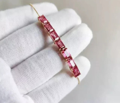 6Ct Emerald Cut Lab Created Pink Sapphire Bolo Bracelet 14k Yellow Gold Plated