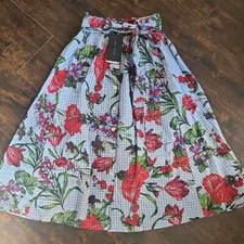 nwt ZARA floral gingham a-line skirt XS blue red button down tie waist midi nwd