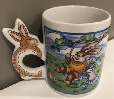 Vintage Ceramic Mug Cup Bunny Rabbits Swinging with Bunny Handle