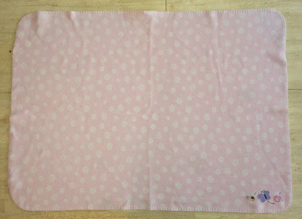 Just Born Pink Girls Baby Blanket Fleece White Flowers Butterflies Appliqués - Image 3 of 4