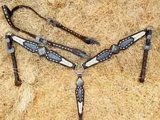 Western leather headstall breast collar décor with rawhide geometrical grading