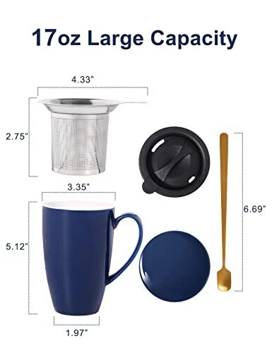 Tea Cup With Infuser And Lid 17 Oz Large Tea Infuser Mug Ceramic Tea Mug With 2 - Picture 4 of 9