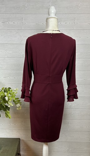 Sz. 14 DKNY Maroon SCUBA CREPE SHEATH DRESS 3/4 Bell Flutter Sleeve V Neck $119 - Picture 4 of 8