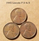 1945 P D & S Lincoln 1 cent coin. Average circulated condition of VG-Fine.