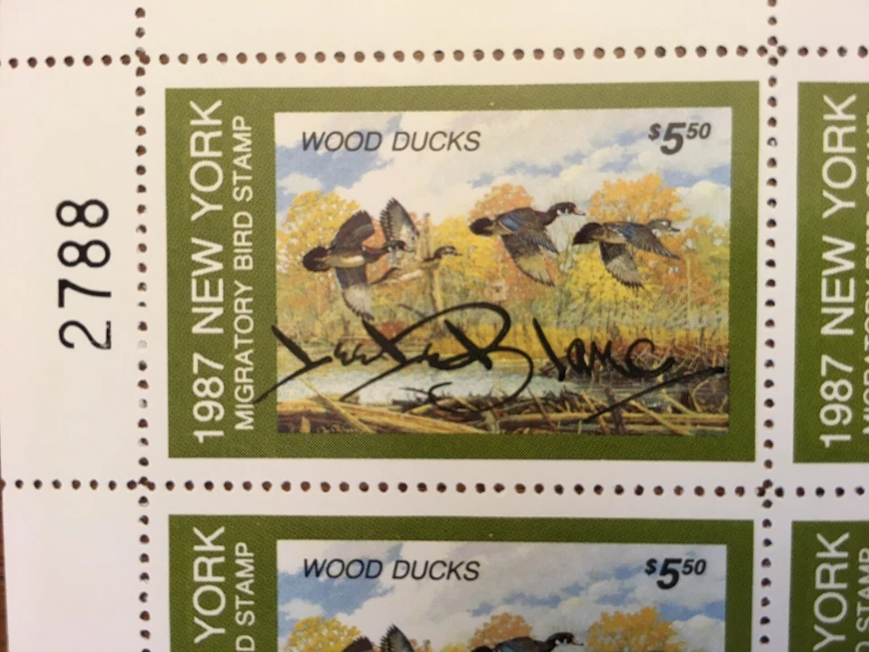 NY3s *FOLHA COMPLETA EM PERFEITO ESTADO ASSINADA* Nova York 1987 Lee Leblanc 30 Selos, Patos de Madeira - Imagem 4 de 4