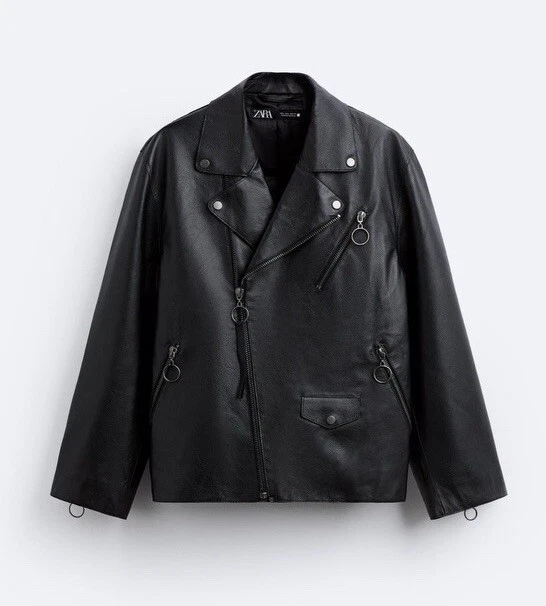 Chaqueta de motociclista de cuero real de gran tamaño de Zara para hombre