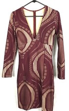 Womens  Dress Red Burgandy  V Neck BodyCon Lace Long Sleeve Zip Closure