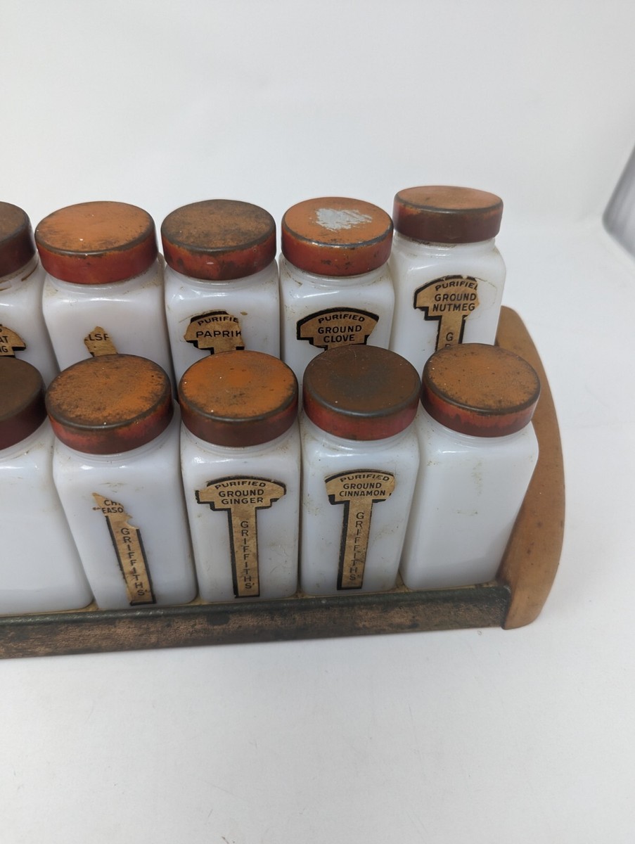 Vintage Griffith's Milk Glass Spice Jars with Red Lids Set of 16
