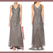 NWT Adrianna Papell V-Neck Sequin Crunchy A-Line Gown in Lead [SZ 12 ] #G290