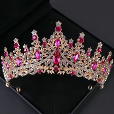 Wicked Silk Prom, Quinceanera Jeweled Crown Tiara Headband - Gold Hot Pink