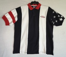 VTG AM Time USA American Flag Polo Shirt Mens XL Red White Blue Stars Stripes SS