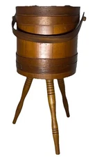 Sewing Basket Bucket Vintage Wood Firkin Stand 3 Legs Tripod Primitive 22” X 10”