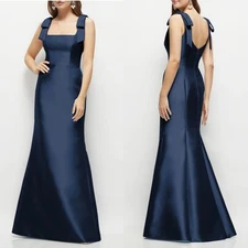 NEW D868 Alfred Sung MIDNIGHT Navy BOW STRAP Satin Twill TRUMPET GOWN 4