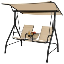 2-Person Porch Swing w/ Adjustable Canopy & Tempered Glass Table Top Cup Holder