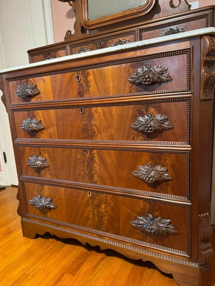 Antique Eastlake Victorian Dresser, Carved Walnut Marble Top w/ Mirror - Image 2 of 4
