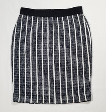 Ann Taylor Women Size 4 Navy Blue White Pencil Skirt Striped Tweed Elastic Waist