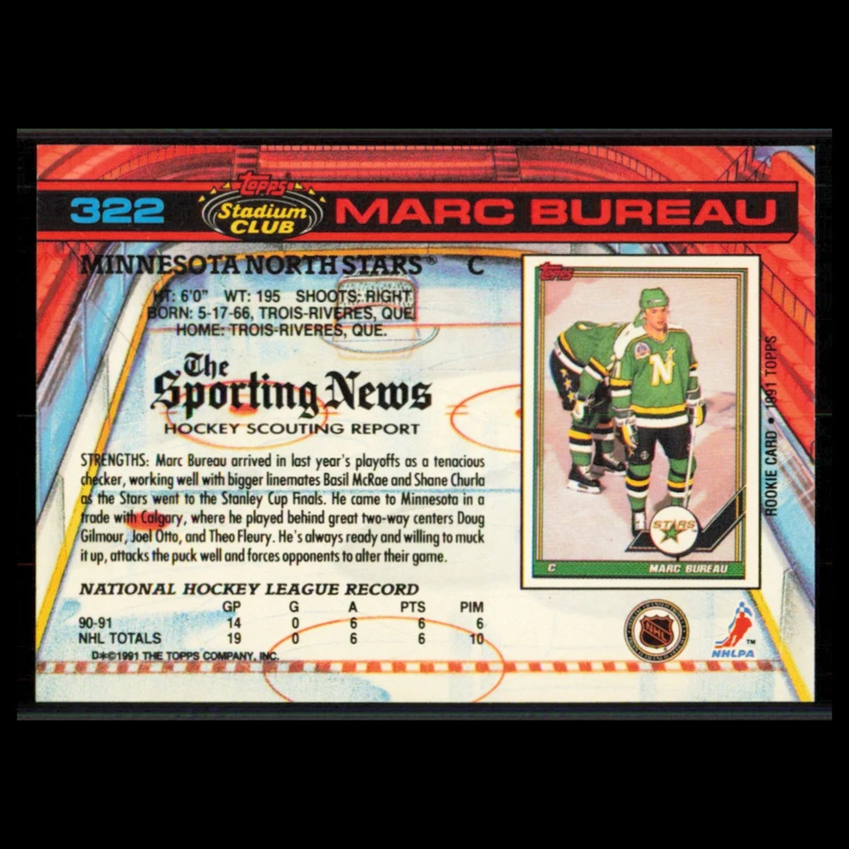 Marc Bureau #322 1991 Topps Stadium Club Minnesota North Stars Hockey Card NHL - Image 2 of 3