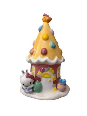 Hello Kitty Easter Egg House Figurine Yellow Ceramic Blue Sky Embossed