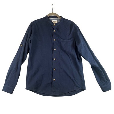 Pull and Bear Mens Navy Blue Band Collar Long Sleeve Button Up Shirt Size M