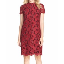 Betsey Johnson Red Floral Lace Shift Dress Mock Neck Sz 8 Cocktail Holiday Chic