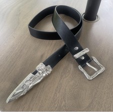 Loewe Men's Black Adjustable Dress Belt Silver Buckle Decorative Tip Western