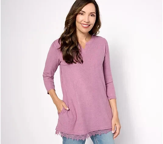 ЛОГОТИП Lounge от Lori Goldstein ребро вязаный топ с кружевной кромки розовато-лиловая орхидея, XXS A611491