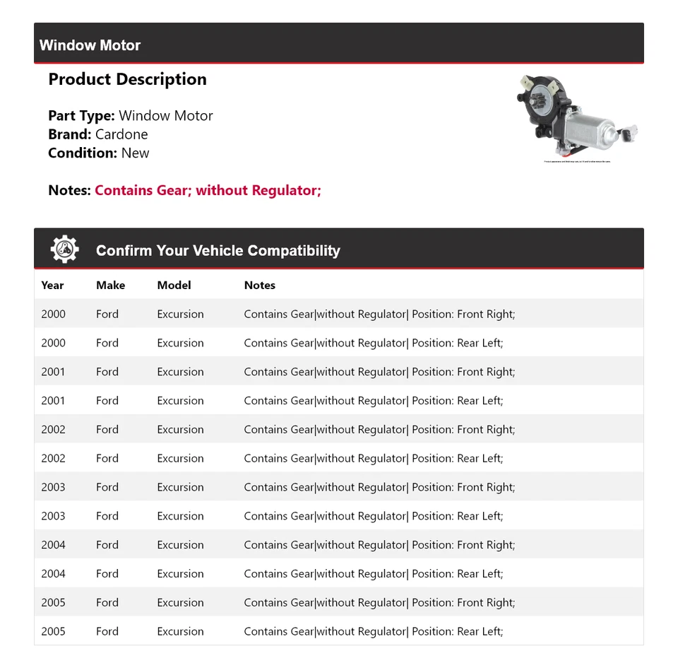 Ford Excursion 2000-2005 ventana motor cardone 2001 2002 2003 2004 Foto 2 de 4