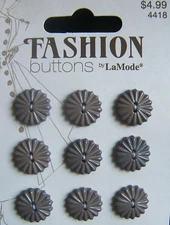 Card of 9 Gray Buttons Round Sunburst 2-Hole Flat 5/8" (16mm) Clothing Crafts