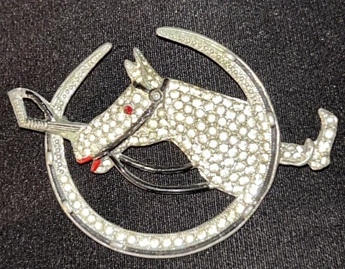 Vintage Costume Jewelry Brooch Horse Polo Stick Rhinestones Unsigned RARE