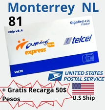 Telcel Sim Card Área Code Monterrey NL. MEXICO,GRATIS RECARGA DE 50$MXP