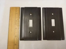 2 Vintage P & S Art Deco Ribbed Brown Bakelite Switch Plate Wall Cover Uniline