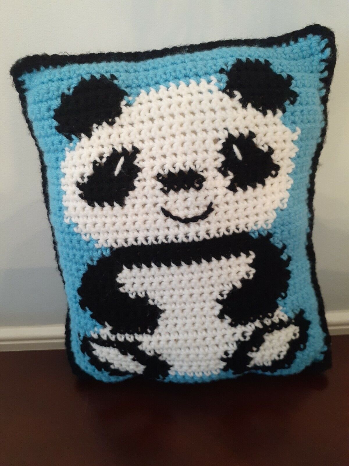 Handmade Crocheted Panda Pillow Blue Black White 12