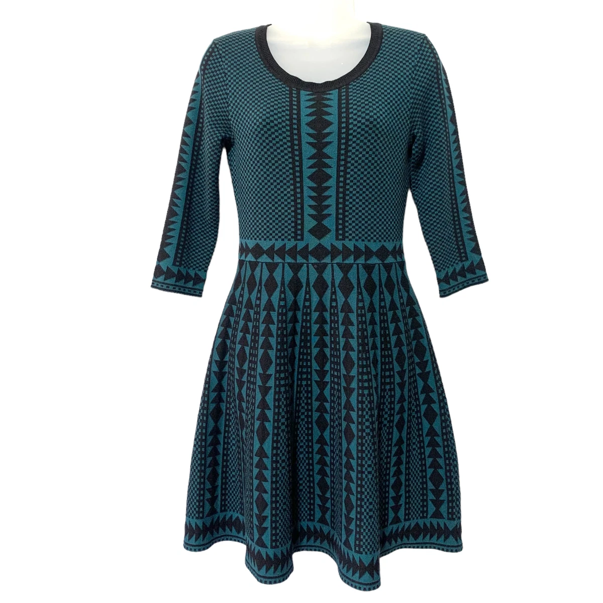 Nina Leonard Sweater Dress Black Green Fit Flare 3 4 Sleeve Women Small