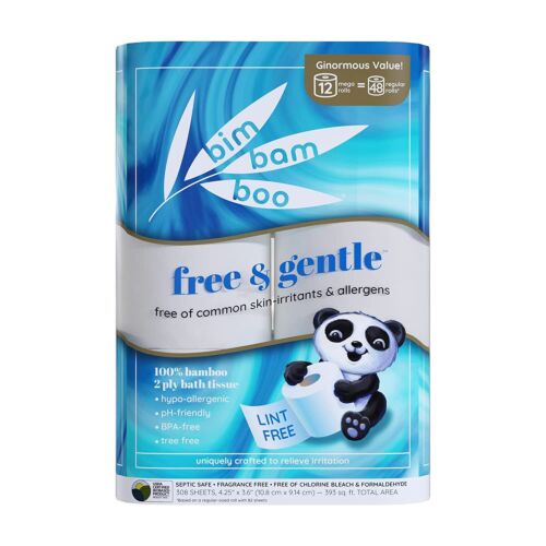 12 pack Bim Bam Boo 2 Ply Bath Tissue, 100% Bamboo T.P Soft, Absorbent & Eco