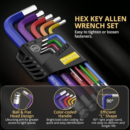 Color Coded Ball End Hex L-Key Set Metric 1.5-10mm 9 Pieces Long Arm Allen New - Picture 6 of 8